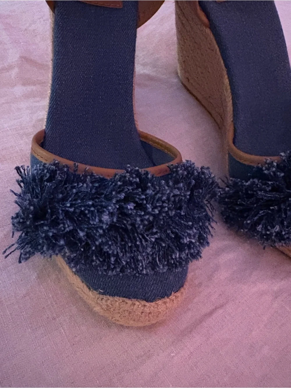 Tory Burch Navy Denim Espadrille Wedge Sandals with Pom Detail